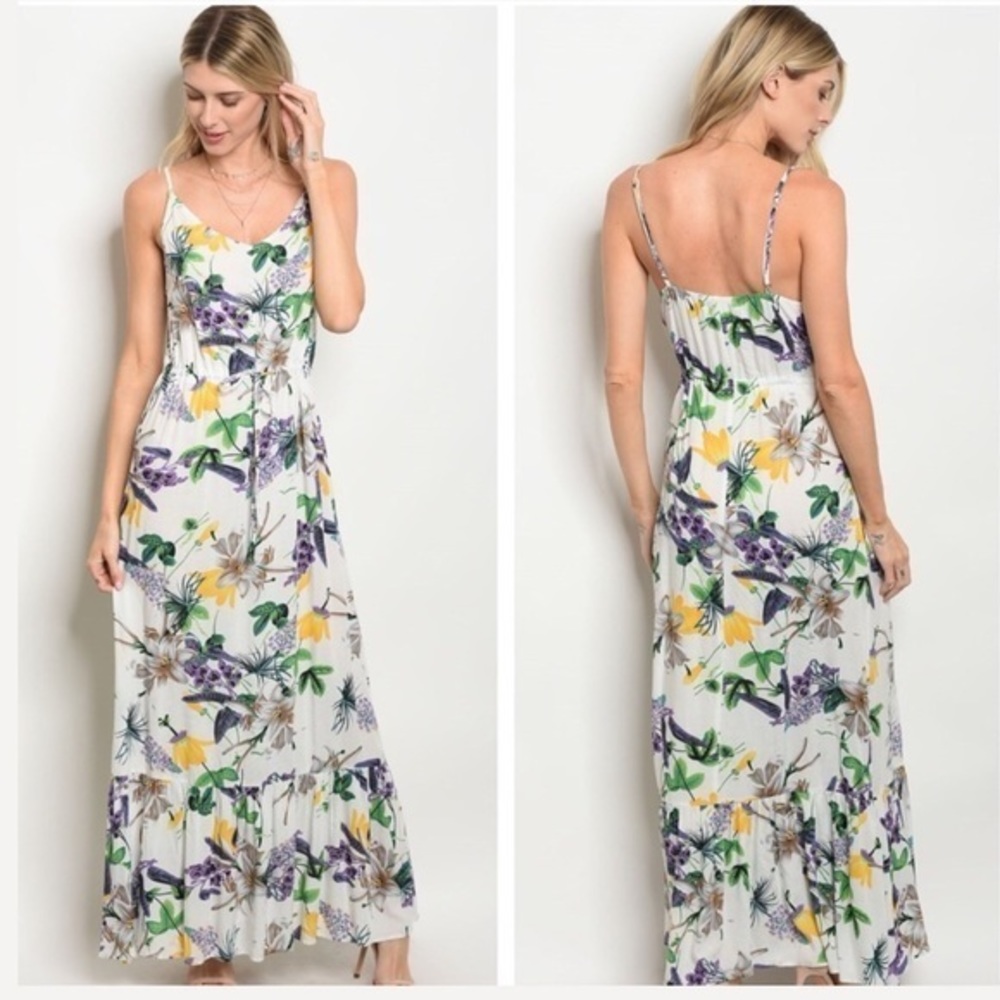 White /Green Floral Maxi Dress NEW